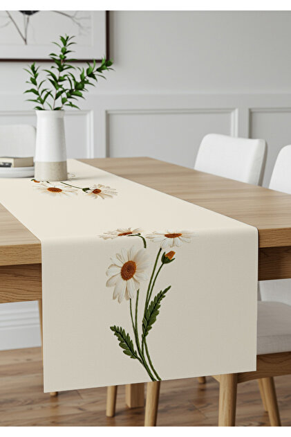 Punch Embroidery Pattern Digital Print Cream Background White Daisy Patterned Table Runner Tablecloth 45x100cm