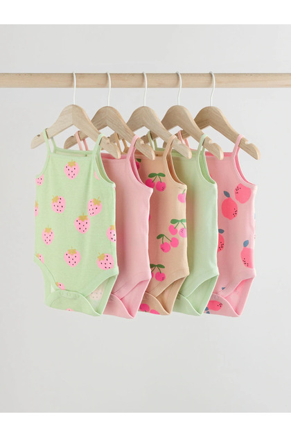 100% Organic Cotton Multicolored Fruit Patterned Straps 5-Piece Baby Bodysuit Alye58050