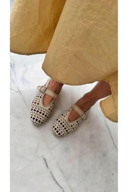 Mai Beige Laser Cut Belt Detailed Ballet Flat