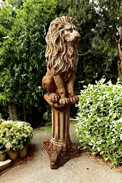 Dekoratif 53cm Eskitme Kahverengi Sütun Ve Aslan Set Heykel Ev Balkon Bahçe Dekorasyon Bohem Biblo