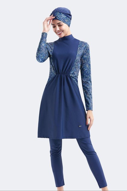 Full Covered 4-Piece Gathered Hijab Swimsuit C14032 Navy Blue