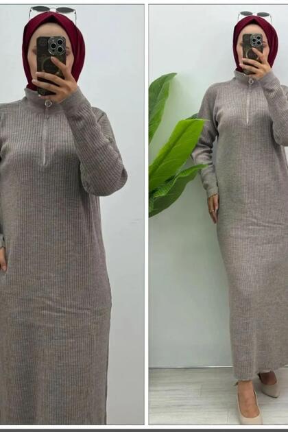 Çinar Tri̇ko Women's Mink Knitwear Fabric Collar Zipper Detailed Dress