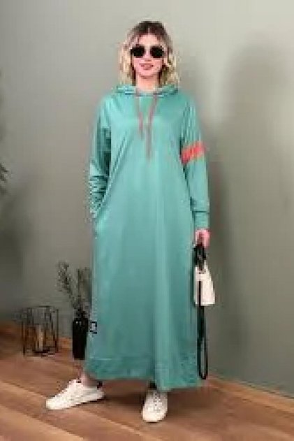 Müge Kapşonlu Imported Two Yarn Fabric Women's Green Hooded Dress