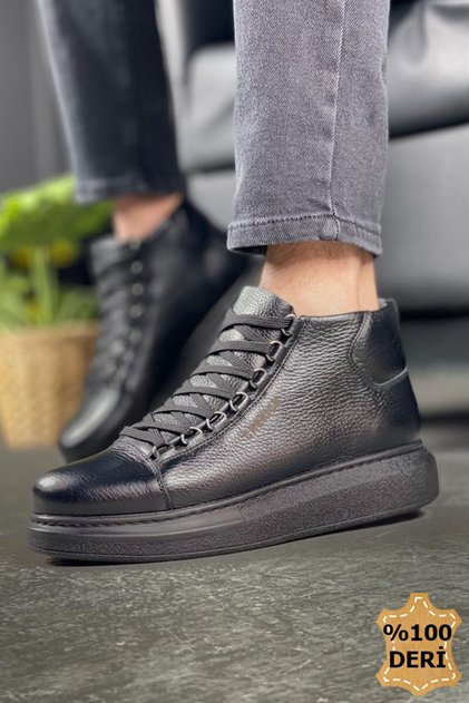 Lace-Up Genuine Leather Men's Sneaker Boots Black