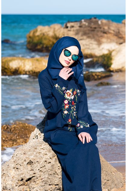 Embroidered Åžile Cloth Dress 0300-04 Navy Blue