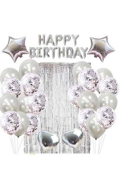 Baloane PARTY RIBON, Set 24 buc, 10 simple, 10 cu paiete, 4 baloane folie, 1 perdea 1 x 2 m Argintiu
