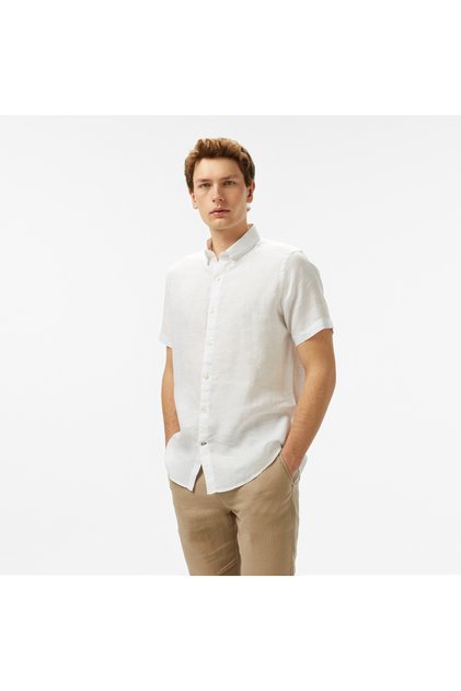 Erkek Beyaz Classic Fit Keten Gömlek