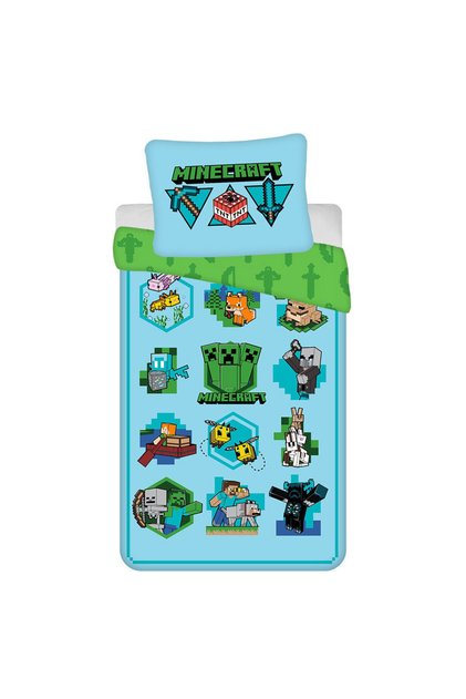 Set 2 piese lenjerie de pat, Husa pilota, 140x200 cm, husa perna, 70x90 cm, Multicolor, Minecraft