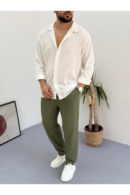 White Khaki Men's Summer Crinkle Lycra Fabric Long Sleeve Shirt Tracksuit 2 Piece Wrap Suit