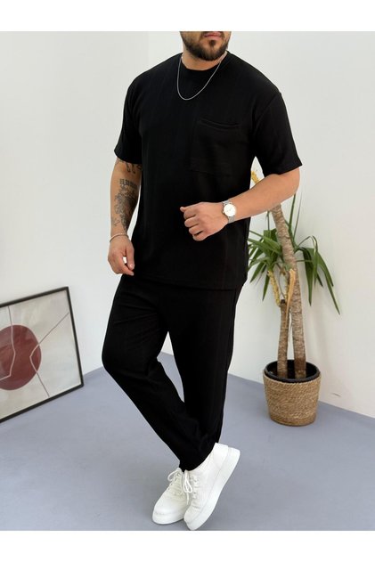 Black Report Ottoman Fabric Single Pocket T-Shirt-Pants Set of 2 with Single Back Pocket