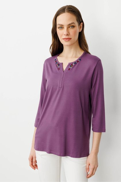 Women's Open Collar Embroidered Combed Cotton Blouse Lilac