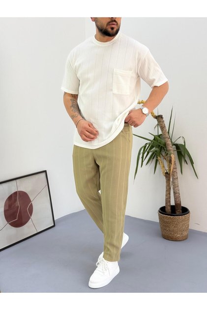 White Khaki Reported Ottoman Fabric Single Pocket T-Shirt-Pants Set of 2 with Back Single Pocket