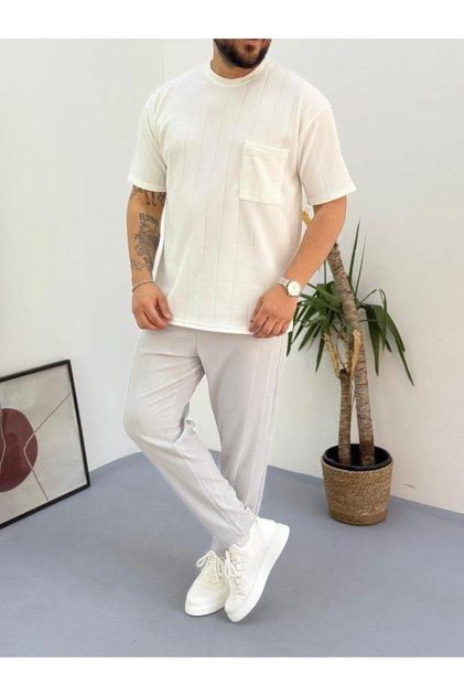 White Gray Report Ottoman Fabric Single Pocket T-Shirt-Pants Set of 2 with Back Single Pocket