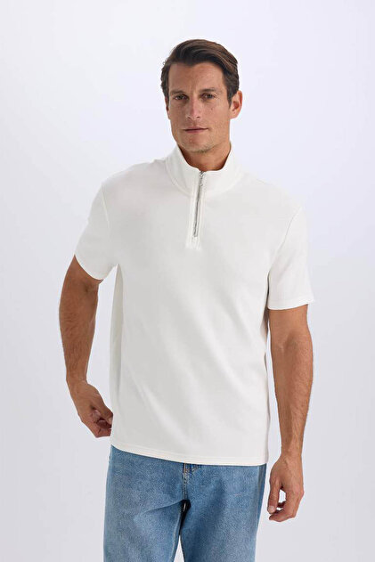 Defacto Regular Fit Half Zip White Men's T-Shirt B6502Ax/Wt34