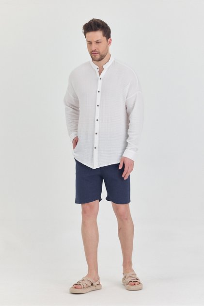 Plusninety Men's Indigo Color Linen Blend Elastic Waist Lace up Shorts