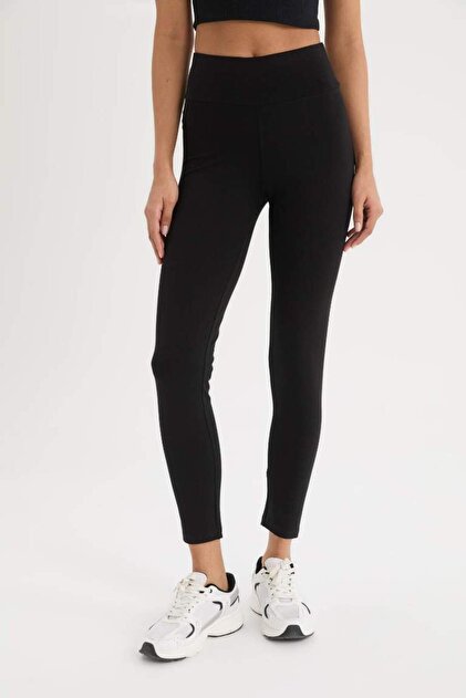 Fit Siyah Yüksek Bel Beli Saran Pamuklu Basic Düz Sporcu Tayt Z6327az25sp