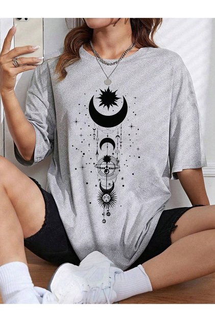 Moon Sun T-Shirt - Gray Printed Oversize Crew Neck Short Sleeve T-Shirt