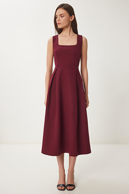Lovelystanbul A-Line Midi Woven Dress Burgundy Lwf0026- Trendyol