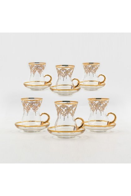 Turkish crystal tea cup set beautifully laser engraved in gold and silver 6 cups + 6 saucers