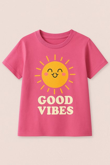 GOOD VIBES Sun Printed Kids T-Shirt- Girl's Summer Crew-Neck T-Shirt