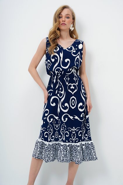 Women Ecru-Navy Blue Front Back V-Neck Patterned Skirt Flounces Summer Woven Dress Alc-X14095