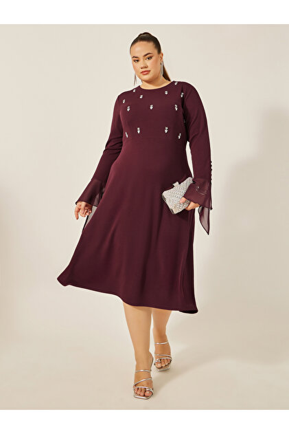 Plus Size Embellished Long Sleeves A-Line Midi Dress
