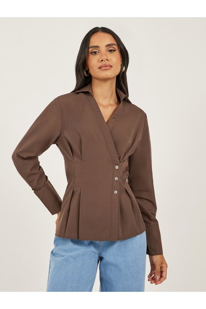 Women Brown Solid Pleated Regular Fit Wrap Shirt