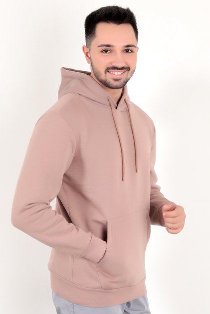 Rose Color Men's Hooded Sweatshirt Kangaroo Pocket Cotton Blended Oversize Hoodie - 5281