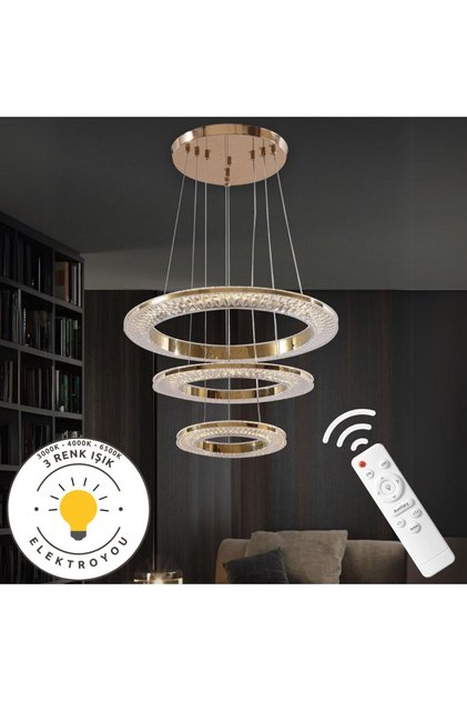 Kristal 3 'lü Sarkıt Gold Kumandalı 3 Renk Işıklı Ultra Ledli Avize
