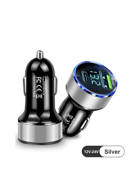 Silver In-Car USB 3.0 Type C Socket Cigarette Lighter Power Adapter All Devices 12V-24V