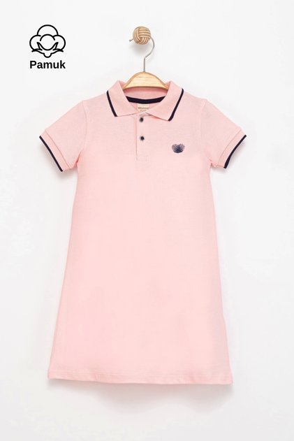 Girl's Polo Neck Embroidered Cotton Summer Short Sleeve Dress