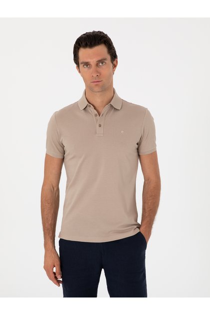 Dark Beige Slim Fit Polo Neck Cotton Basic T-Shirt 50300934 -Vr088