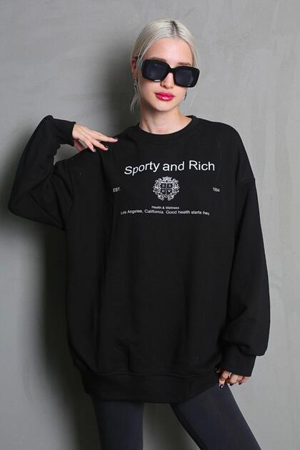 Madmext Siyah Bisiklet Yaka Baskılı Oversize Kadın Sweatshirt