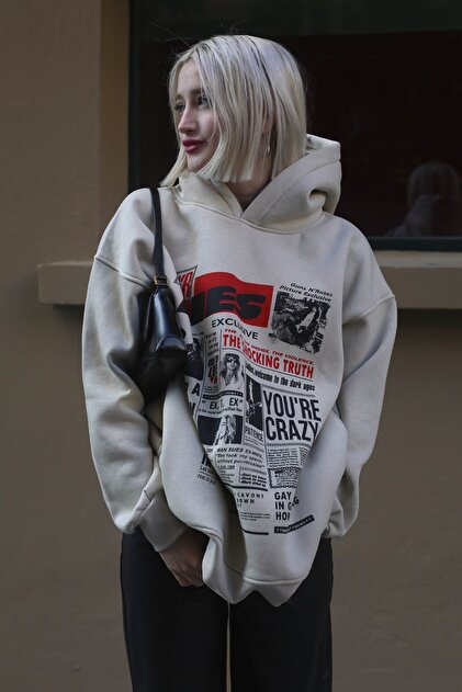 Madmext Bej Baskılı Oversize Kapüşonlu Kadın Sweatshirt MG1581