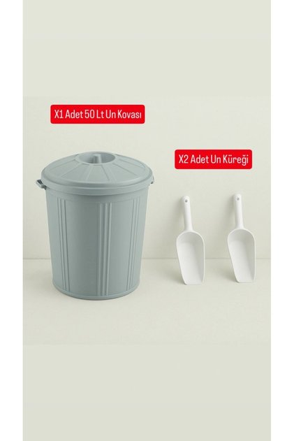 50 Lt Kapaklı Un Kovası + 2 Adet Un Küreği Seti, Gıda Saklama Kovası,Plastik Kova Seti
