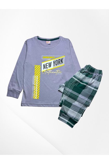 Set de pijamale subțiri de sezon pentru băieți, 100% bumbac, gri, cu model New York, cu șase carouri, cu mâneci lungi
