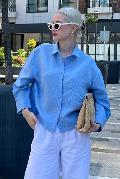 Madmext Mavi Çizgili Oversize Kadın Gömlek MG2093 - Fiyatı, Yorumları