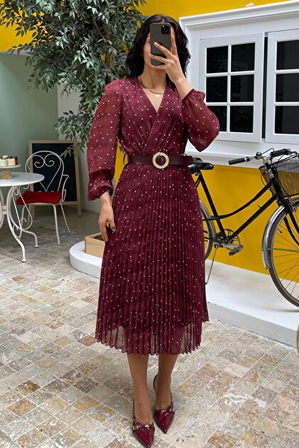 Madmext Burgundy Double Breasted Neck Polka Dot Chiffon Dress Mg2065-  Trendyol