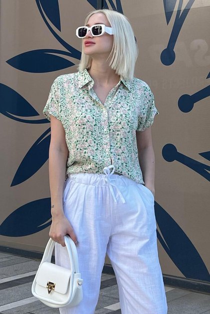 Green Floral Patterned Short Sleeve Women's Shirt Mg2098