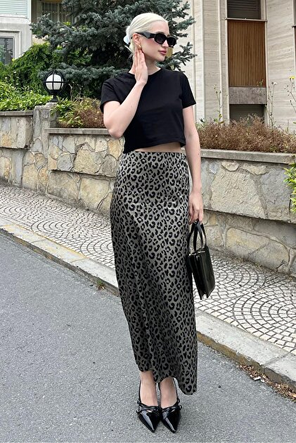 Madmext Green Leopard Patterned Midi Length Satin Skirt MG2079