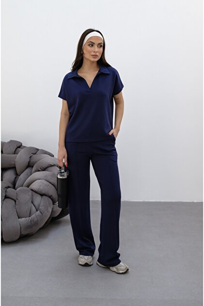 Women's Navy Blue Comfortable Stretchy Knitted Polo Neck Tshirt and Loose Wide Leg High Waist Sweatpants Bottom-Top Set