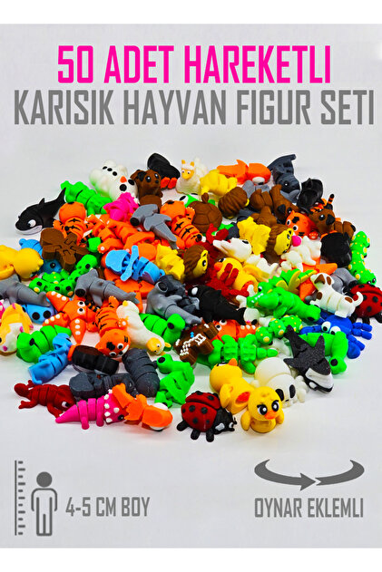 50 Adet Eklemleri Hareketli, Organik, Eğitici Minik Hayvan Figür Oyuncak Seti Miniş Bücürler 4-5 Cm
