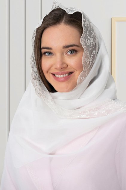 By Mecit 0031 Ecru Stone Embroidered Chiffon Shawl