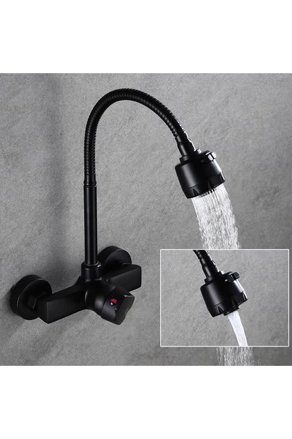 black Black/Brushed Kitchen Faucet Wall Mount 2 Function Hot and Cold Water Sink Faucet 360 Degree R