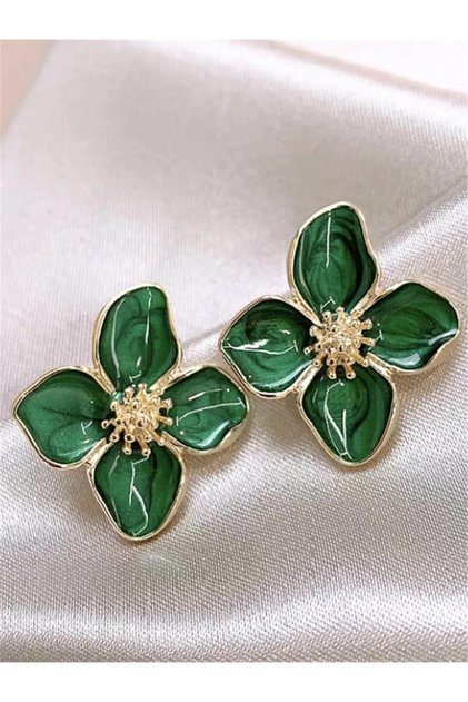 AEH60293B Gold Color Metal Flower Shape Green Epoxy Earrings Stud For Women Milky Color Enamel Girl