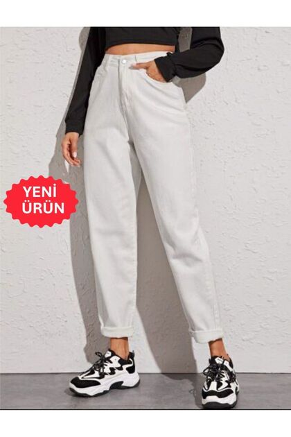BEYAZ MOM SÜPER YÜKSEK BEL KADIN PANTOLON