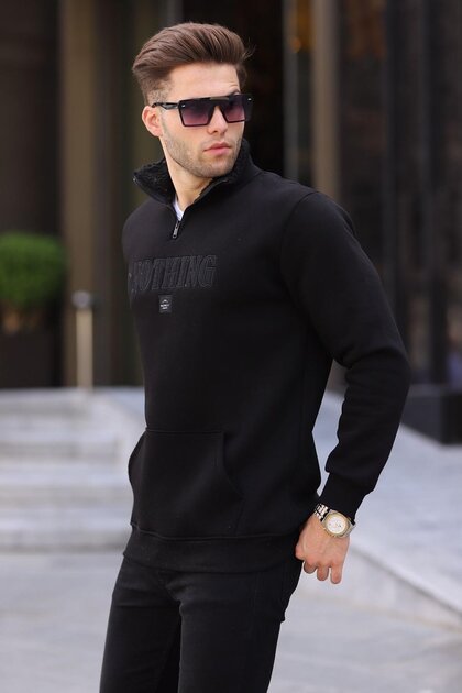Black Printed Zipper Detailed Sweatshirt 6003