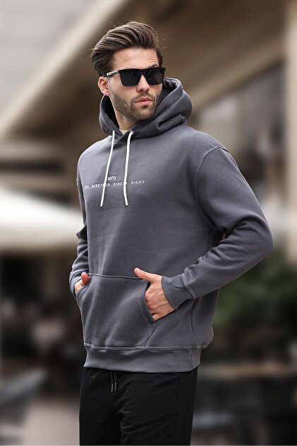 Madmext Füme Kapüşonlu Nakış Detaylı Cepli Erkek Sweatshirt 7066