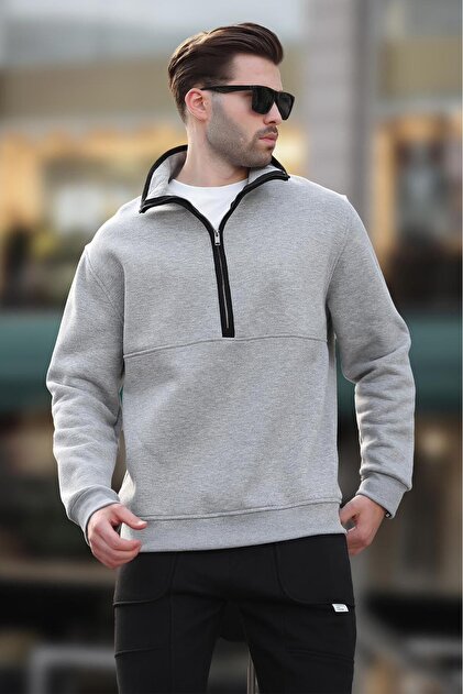 Madmext Gri Dik Yaka Yarım Fermuarlı Sweatshirt 7079 - Fiyatı
