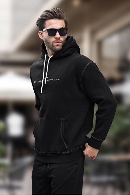 Madmext Siyah Kapüşonlu Nakış Detaylı Cepli Erkek Sweatshirt 7066